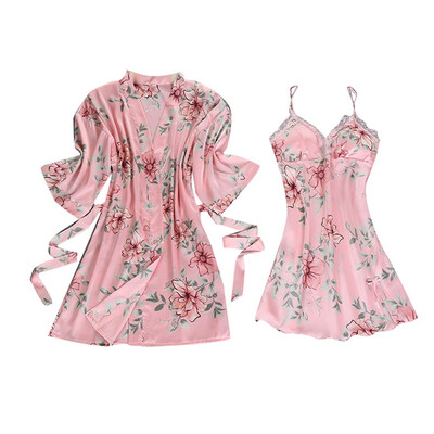 

Toponeto Women Sexy Satin Fashion Print Pajamas Sleepwear Sling Robe Long Sleeve Set