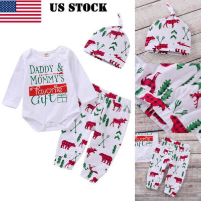 

Christmas Newborn Baby Boy Girl Tops RomperPantsHat 3PCs Outfit Pajamas Set