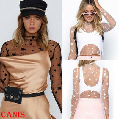

Women Fashion T-Shirts Star Printed Mesh Party Blouses T-Shirt Ladies Sexy Tops