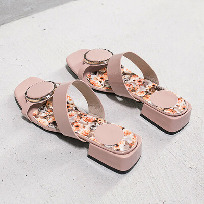 

Ladies slippers summer rhinestone super fire metal round buckle thick with exposed toe drag lazy Joker