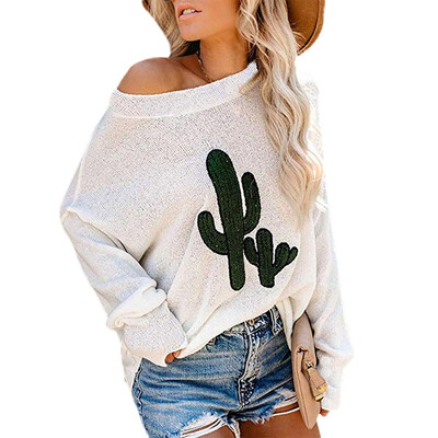 

Womens Ladies Casual Concise Autumn Cactus Embroidered Round Neck Long Sleeves Sweater T-shirt