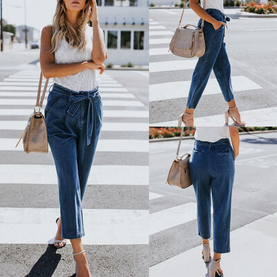 

〖Follure〗Women Hight Waisted Loose Bow Bandage Hole Denim Jeans Stretch Pants Jean