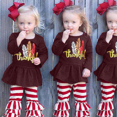 

Infant Toddler Baby Girls Letter Thanksgiving Day Tops Striped Pants Outfits Set
