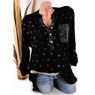 

Nomeni Womens Casual Stars Print V-Neck Baggy T-shirt Tees Blouse Tops Plus Size