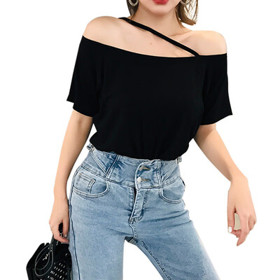 

Summer Sexy Womens Slash Neck Simple Strap Short Sleeve Loose Solid Pullover T-Shirt