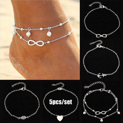 

Design Pendant Anklet For Women Heart Charm Jewelry Anklets Summer Party Gift 5pcsset