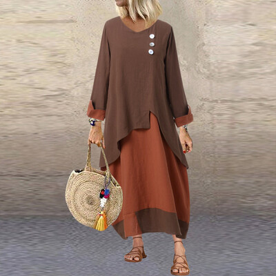 

Tailored Women Plus Size Ladies Vintage O-Neck Loose Long Sleeve Casual Long Dress