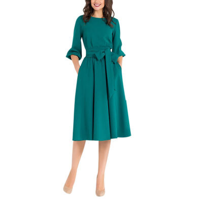 

Women Sexy One Word Collar Vintage Solid Color Skirt Puff Sleeved Pleat Waist Bow Tie Casual Dress