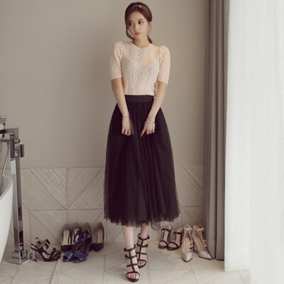 

New Brand Spring Summer Vintage Skirts Womens Elastic High Waist Tulle Mesh Skirt Long Pleated Tutu Skirt Female W2