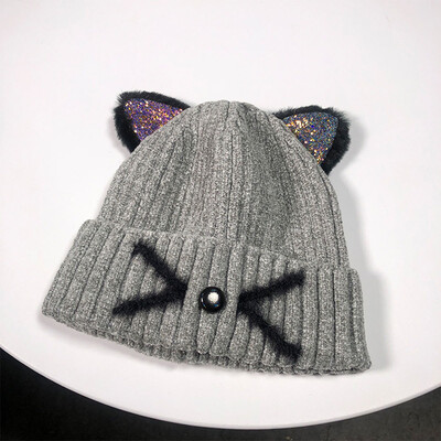 

Tailored Women Fashion Keep Warm Cat Ear Winter Hats Knitted Wool Hemming Hat