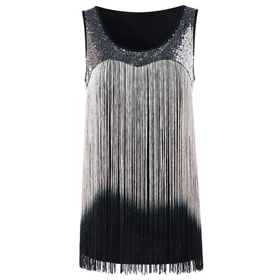 

Scoop Neck Sleeveless Fringed Sequined Gradient Color Women Tank Top