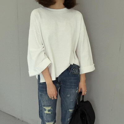 

ROPALIA Autumn Fashion New O-Neck Split Fork Seven-Point Sleeve Solid Color Korean Version Of Loose T-Shirt
