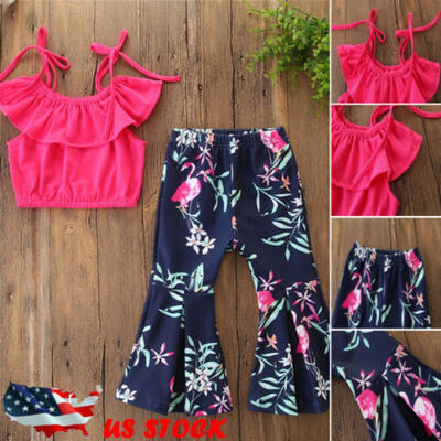 

2-7Y Kid Baby Girls Off Shoulder Tops T-shirt Bell-Bottoms Pants Outfits Clothes