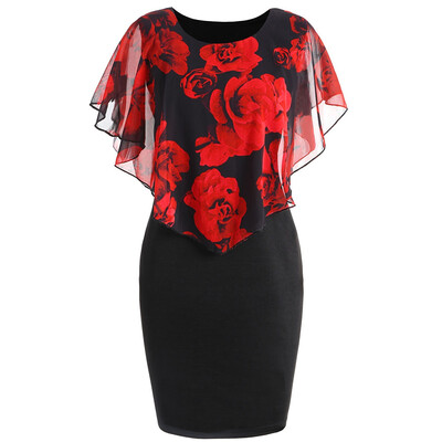 

Women Summer Rose Printing Overlay Capelet Slim Sleeveless Dress