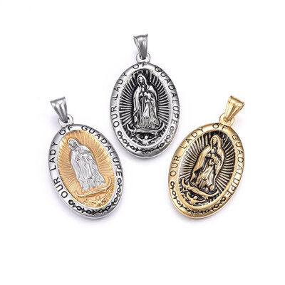

304 Stainless Steel Pendants Oval with Word Our Lady of Guadalupe Mixed Color 45x28x4mm Hole 9x5mm