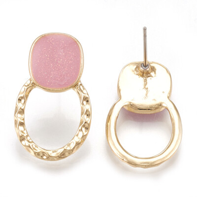 

Alloy Enamel Stud Earrings with Glitter Powder Ring Light Gold Pink 25x15mm Pin 07mm