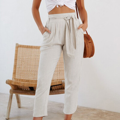 

Tailored Womens Ankle Length Pants Cotton High Waist Solid Color Trousers Ladies Pants