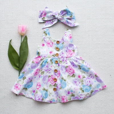 

Infant Baby Girl Floral Summer Bowknot Party Princess Dress Sundress Headband