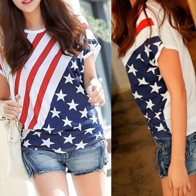 

Nomeni Womens American Flag Printed Sexy Round Neck T-Shirt Top