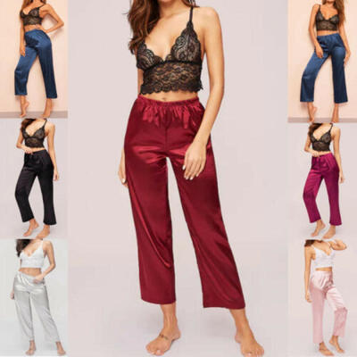 

2PCS Sets Women Sleepwear Floral Sleeveless Lace Bra Pyjama Trousers Long Pant