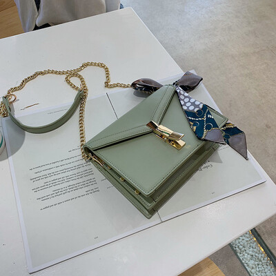 

Qiao Bani 2019 new European&American style fashion simple solid color silk scarf chain clamshell bag shoulder diagonal tide handbag