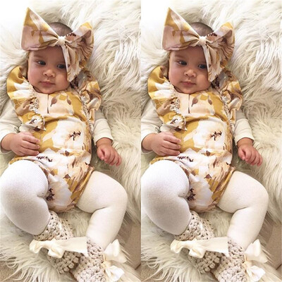 

Newborn Infant Baby Girl Floral Printed Romper Headband Bodysuit Clothes Outfits
