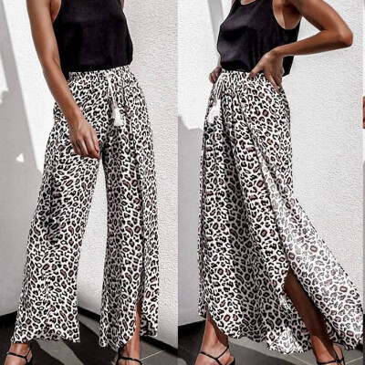 

Women Leopard Long Pants Baggy Split Wide Leg Summer Casual Warp Trousers