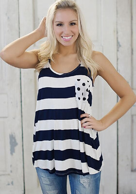 

Fashion Women Vest Top Contrast Stripes Front Pocket Bowknot Decoration Sleeveless Racer Back Tank Top Dark BlueRed