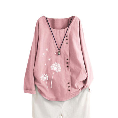 

Women Floral Printing Long-Sleeves Stitching T-Shirt O-Neck Loose Tops
