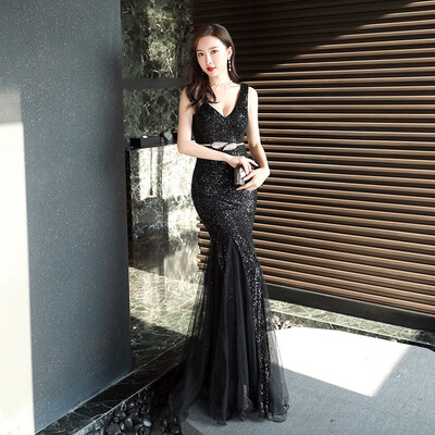 

Sexy Prom Dresses Floor-Length Sequin V-Neck Mermaid Evening Dress Female Banquet And Annual Meeting Long Dress