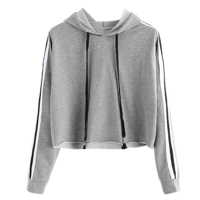 

Hooded Drawstring Sweatshirt Striped Sleeve Crop Hoodies Women Burgundy Casual Tracksuit Autumn Sportswear Pullover Sweatshirts