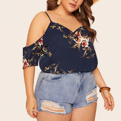 

Starmoon Women Plus Size Cold Shoulder Shirt Floral Print Ladies Summer Casual Blouse Top