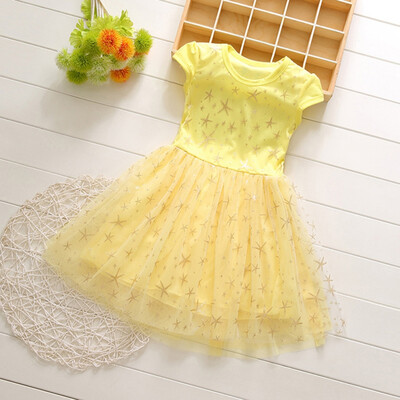

Summer Casual Baby Girls Short Sleeve Dress with Lace Star Design Kids Toddler Pageant Princess Mesh Sundress