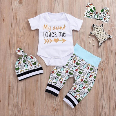 

Newborn Kid Baby Boy Girl 4pcs Clothes Jumpsuit Romper Long Pants Hat Outfit Set