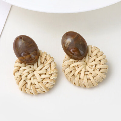 

Fashion Women Handmade Wood Circle Rattan Shell Pendant Dangle Drop Earrings