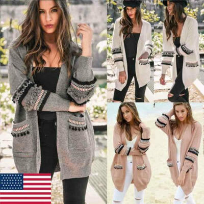 

USA Women Flower Long Sleeve Knit Snap Pocket Cardigan Sweater Tops Outwear
