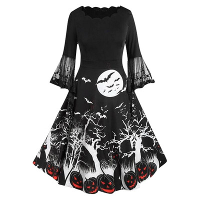 

Tailored Women Vintage Long Sleeve V Neck Halloween Housewife Lace Print Dress