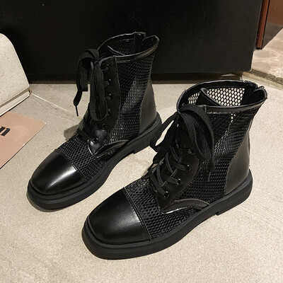 

Children of boots Summer black net red personality boots zipper hollow ultra-fire net boots low-heeled Martin boots