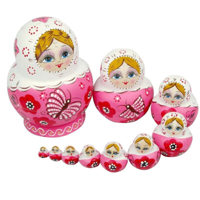 

10PCS Pink Wooden Russian Nesting Dolls Gift Matreshka Handmade Crafts