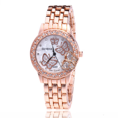 

Cross-border trend butterfly-encrusted watch alloy steel belt shell surface water diamond British watch fashion watch