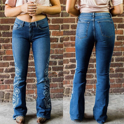 

Tailored Women High Waist Embroidery Jeans Button Pocket Pants Trousers Bell-bottom Pants