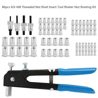 

86pcs Blind Rivet Gun Threaded Insert Hand Riveting Kit M3-M8 Rivet Nuts Nail Gun Household Repair Tools