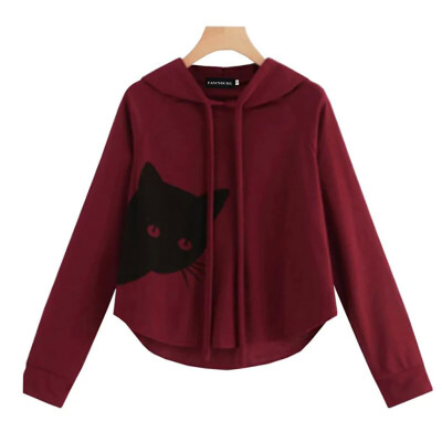 

Tailored Women Ladies Autumn Cat Print Long Sleeve Sweatshirt Hooded Pullover Tops Shirt