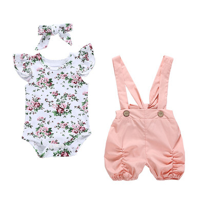 

3PCSSet Summer Baby Floral Clothing Sets Newborn Girl Fly Sleeve Romper Strap Shorts Headband Costume