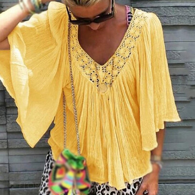 

Women Flare Half Sleeve Boho Tops Summer Ladies Loose V-neck Casual Shirt Blouse