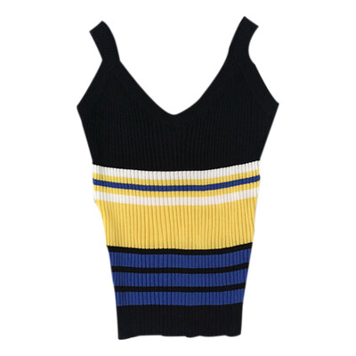

Women Summer Vintage Sexy Casual Concise Slim Fit Sleeveless V-neck Stripe Knitwear Top