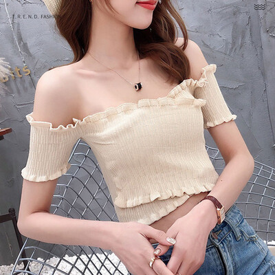 

Womens Slash Neck Solid Short Sleeve Knitted Ruffles T-Shirt
