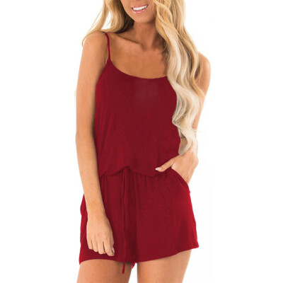 

Starmoon Women Sleeveless Round Neck Waist Drawstring Short Playsuit Rompers Jumpsuit
