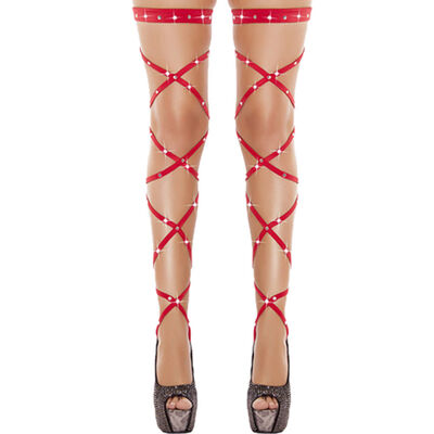 

Sexy Womens Bandage Fishnet Stockings Thigh-High Rhinestone Studded Leg Wraps