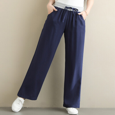 

Fashion Women Solid Cotton&linen Bandage Pocket Elastic Waist Trousers Pants